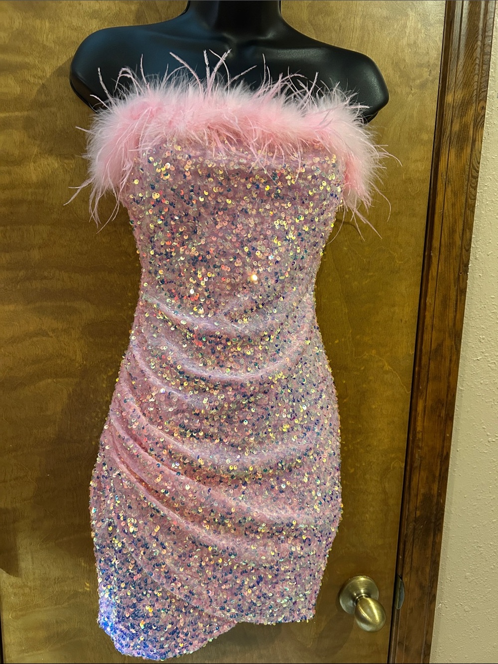 Windsor Pink Sequin Feather-Trim Mini Dress